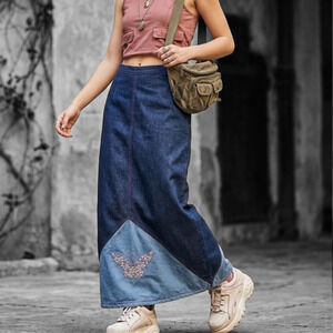Vintage 90's Funky People Denim Maxi Skirt Embroidered Flowers an Butterfly